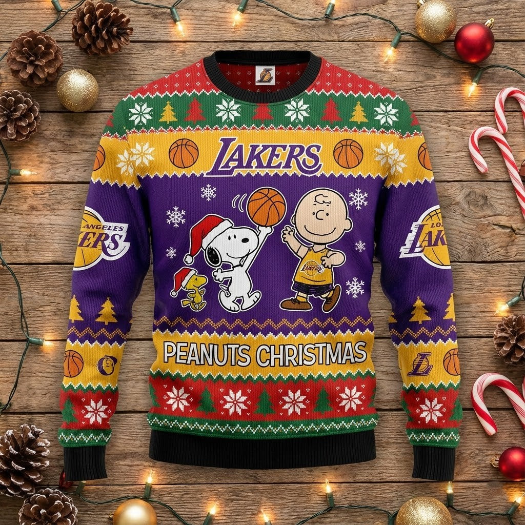 Los Angeles Lakers Peanuts Christmas Sweater - Charlie Brown Snoopy Ugly Sweater - LeagueLockerGear