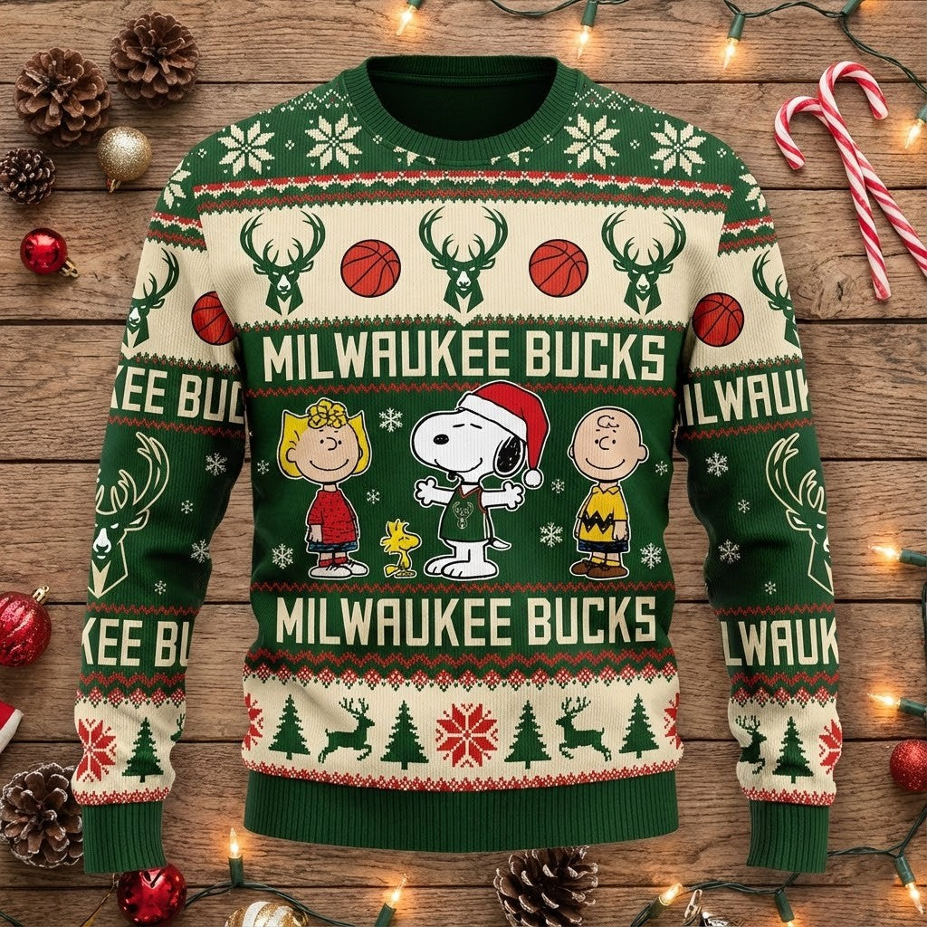 Milwaukee Bucks Peanuts Christmas Sweater - Snoopy and Charlie Brown NBA Ugly Holiday Sweater - LeagueLockerGear