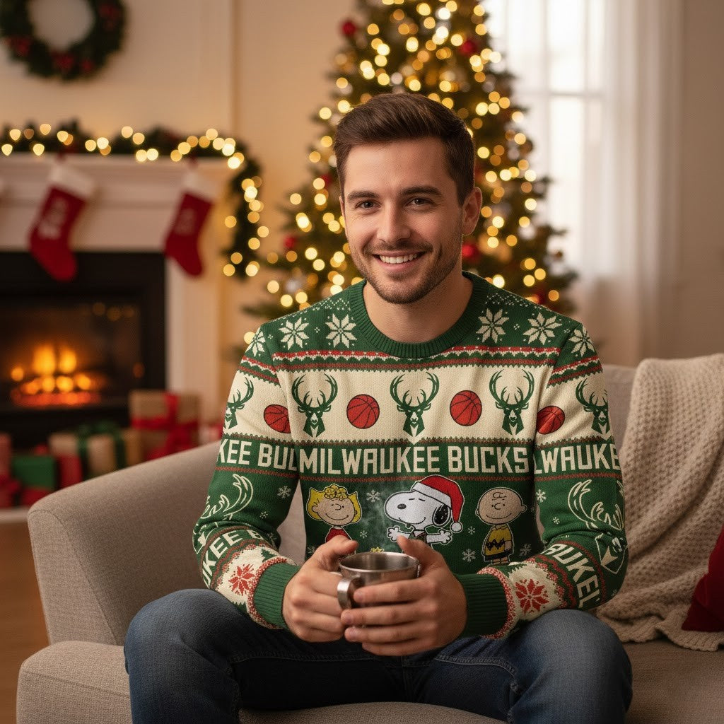 Milwaukee Bucks Peanuts Christmas Sweater - Snoopy and Charlie Brown NBA Ugly Holiday Sweater - LeagueLockerGear