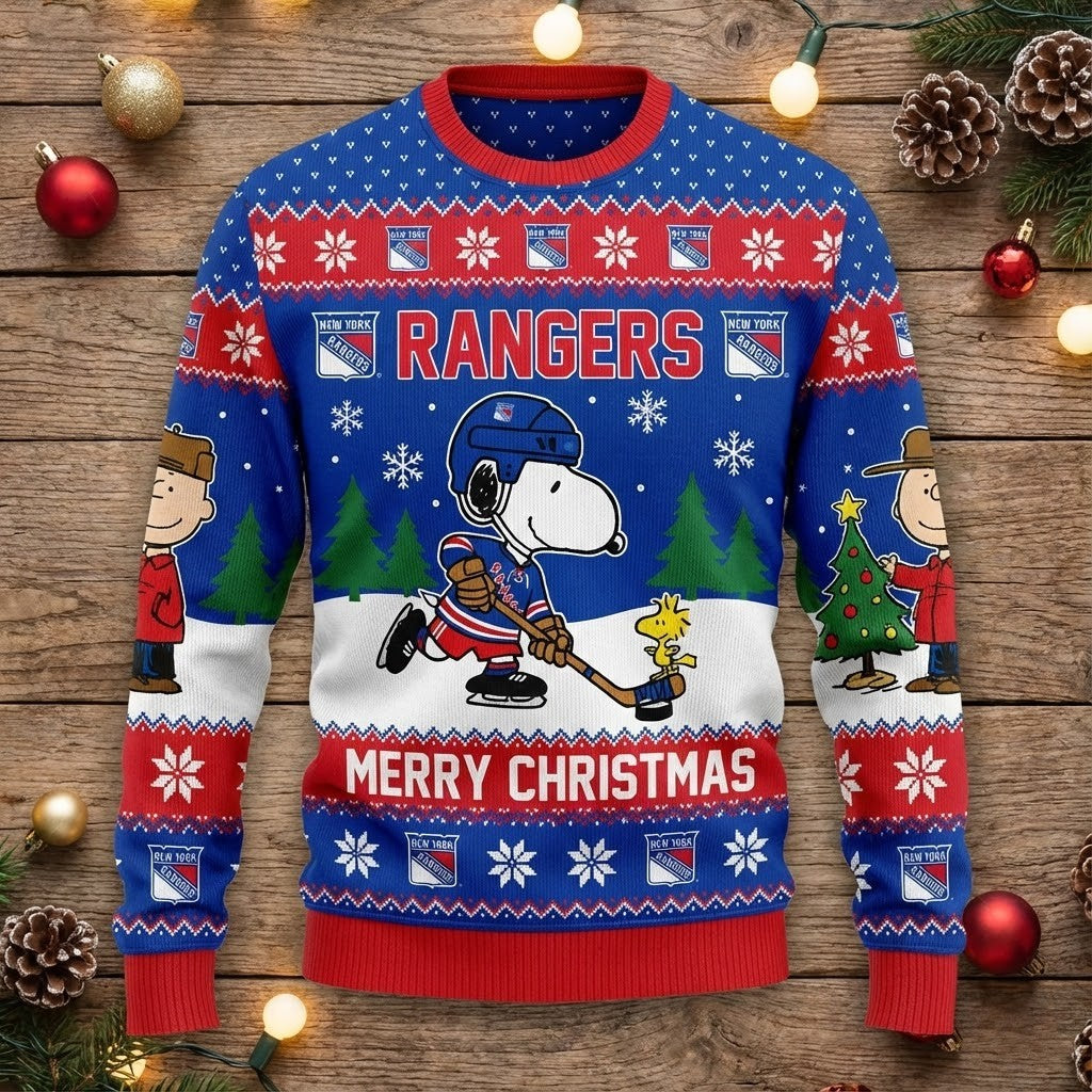 New York Rangers Snoopy Christmas Sweater - NHL Peanuts Charlie Brown Ugly Holiday Sweater - LeagueLockerGear