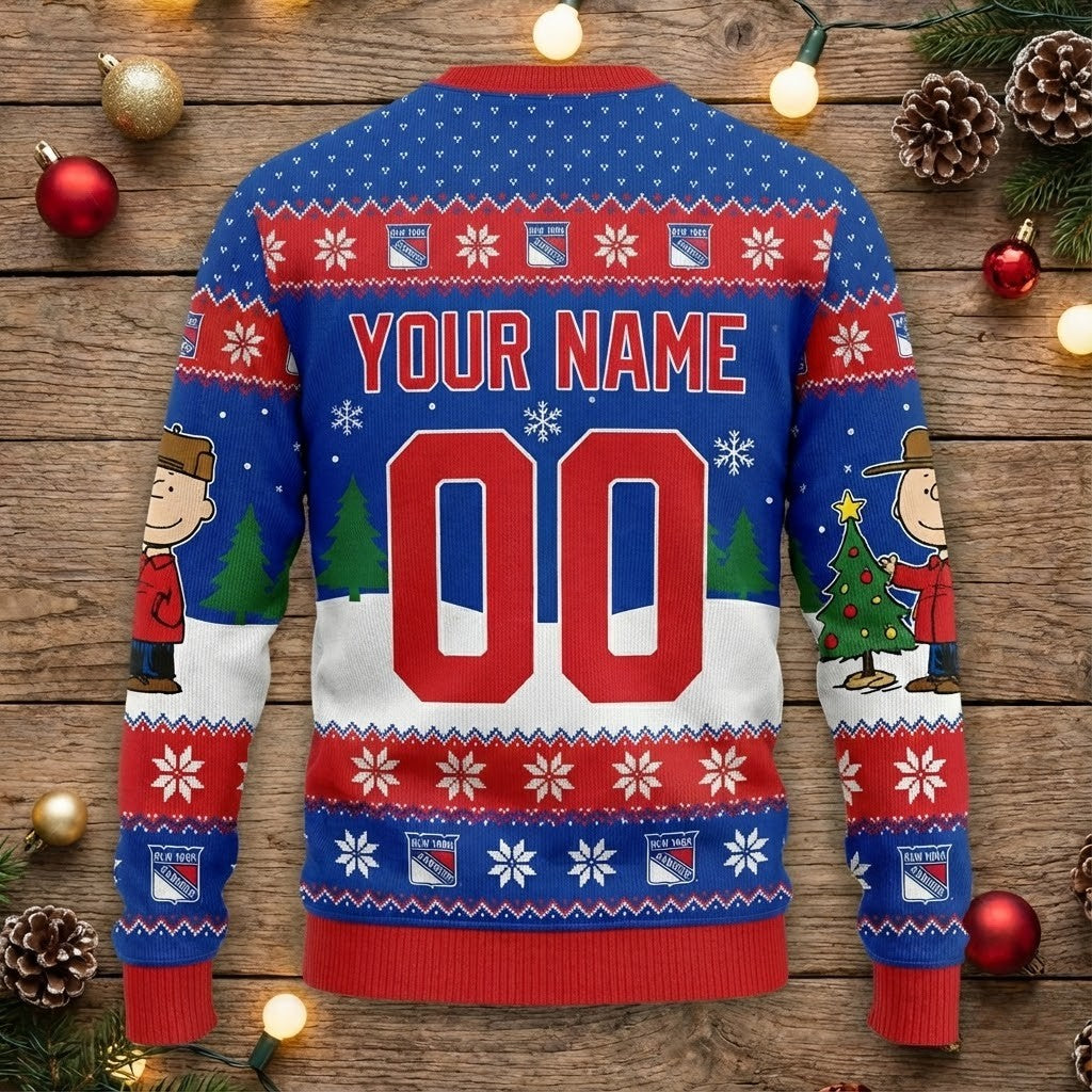 New York Rangers Snoopy Christmas Sweater - NHL Peanuts Charlie Brown Ugly Holiday Sweater - LeagueLockerGear