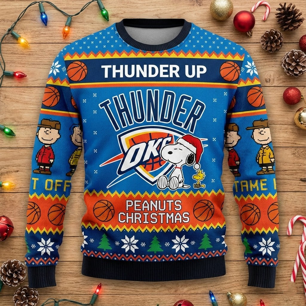 Oklahoma City Thunder Peanuts Christmas Sweater - Snoopy Charlie Brown NBA Ugly Jumper - LeagueLockerGear