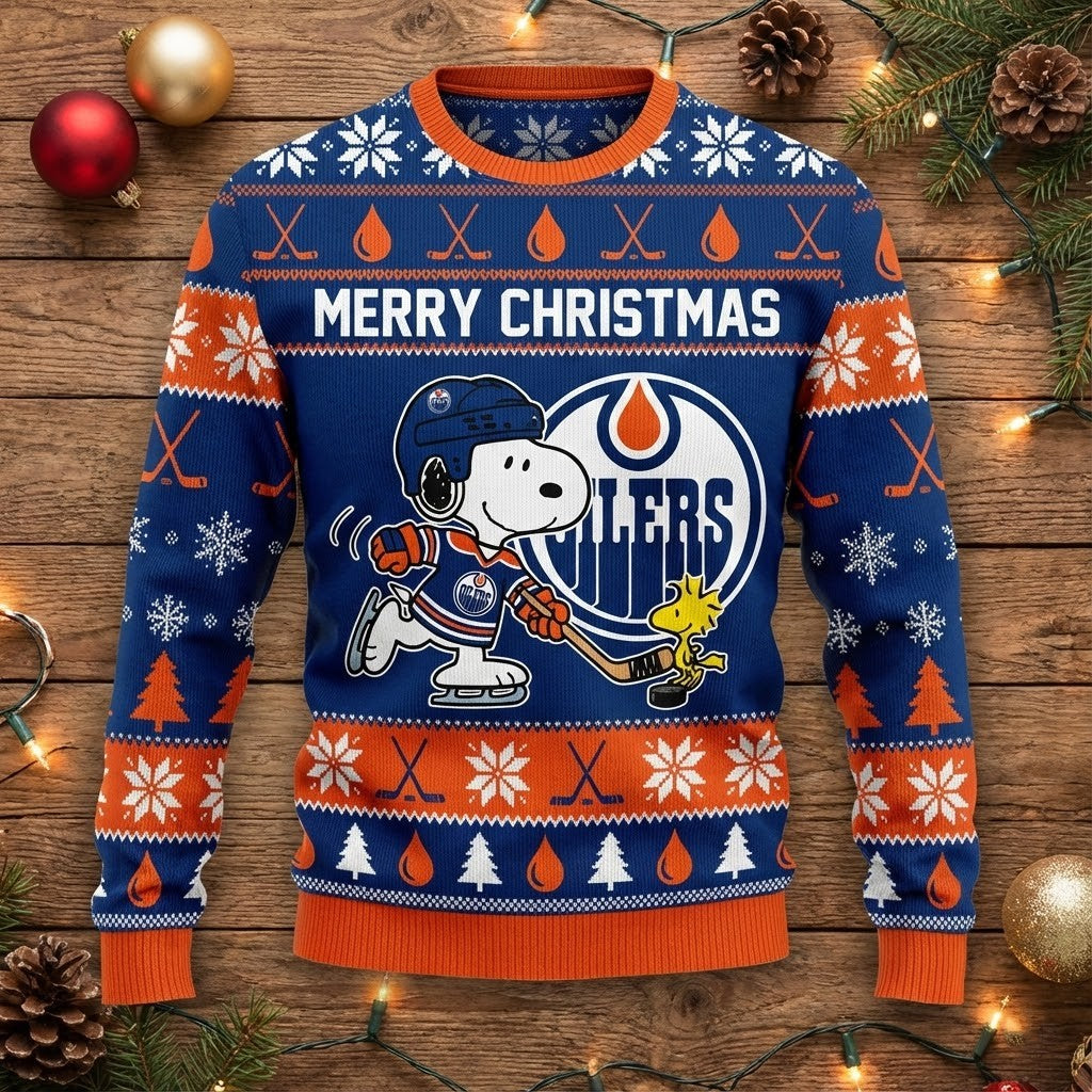 Edmonton Oilers Snoopy Christmas Sweater - Peanuts Hockey Fan Gift, NHL Ugly Sweater - LeagueLockerGear