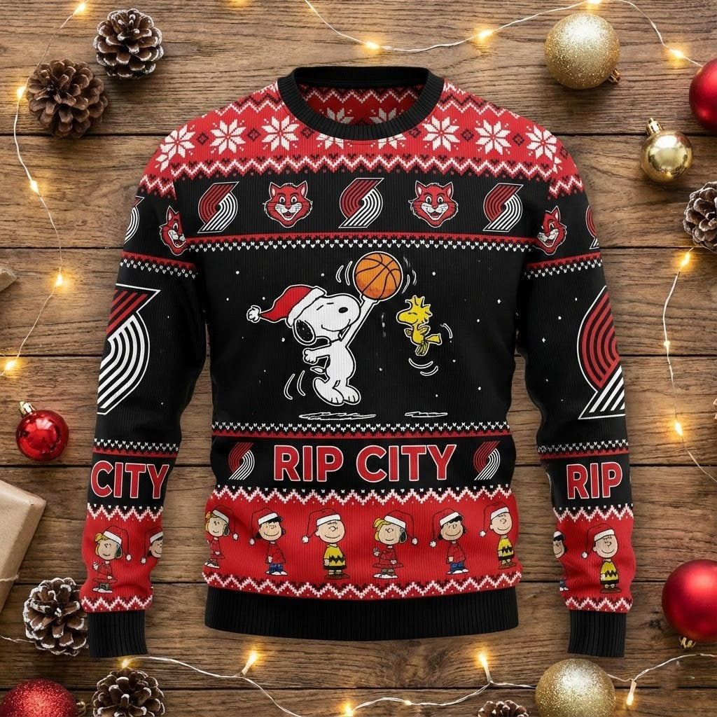 Portland Trail Blazers Snoopy Ugly Christmas Sweater - NBA Peanuts Rip City Holiday Jumper - LeagueLockerGear