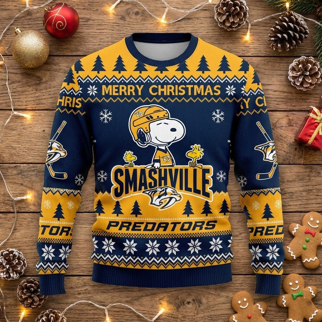 Nashville Predators Snoopy Christmas Sweater - Smashville Ugly Holiday Sweater For NHL Fans - LeagueLockerGear