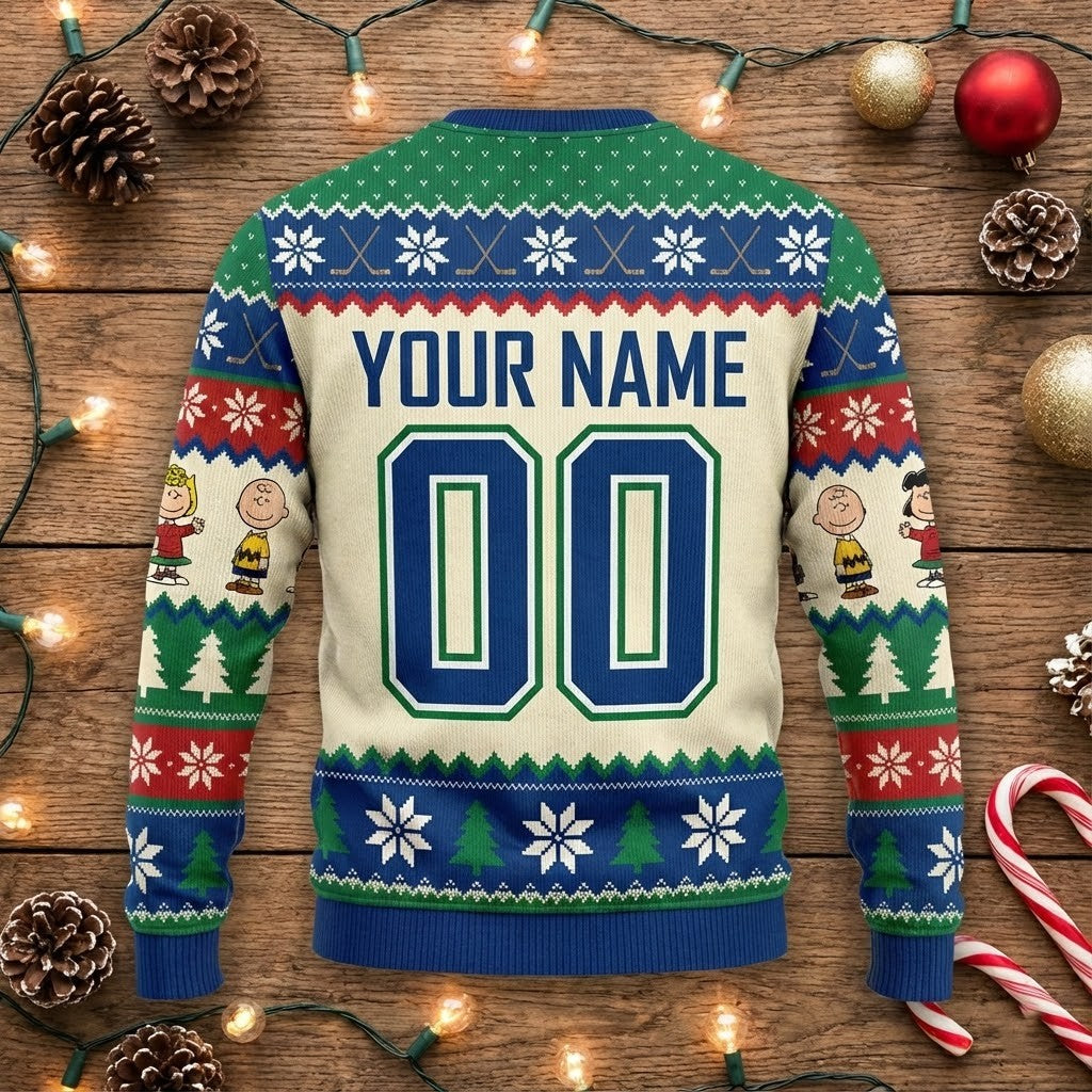 Vancouver Canucks Snoopy Christmas Sweater - Peanuts Gang Ugly Holiday NHL Fan Apparel - LeagueLockerGear