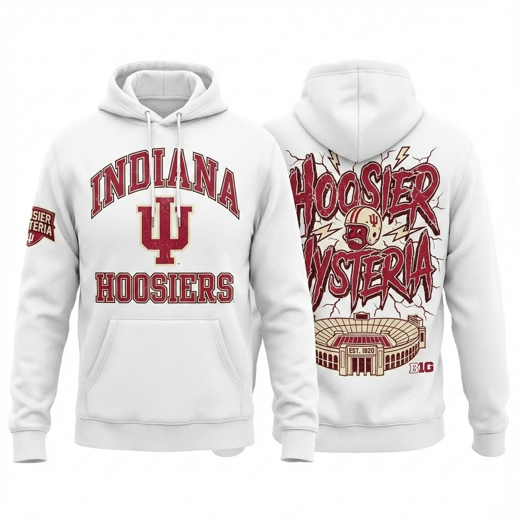 Indiana Hoosiers White Hoodie - Hoosier Hysteria Vintage Graphic College Sweatshirt - LeagueLockerGear
