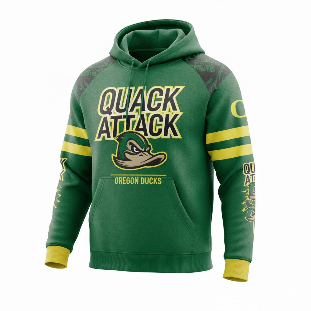 Oregon Ducks Quack Attack Hoodie - 3D Graphic Fan Pullover Sweatshirt - LeagueLockerGear