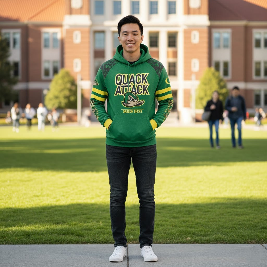 Oregon Ducks Quack Attack Hoodie - 3D Graphic Fan Pullover Sweatshirt - LeagueLockerGear
