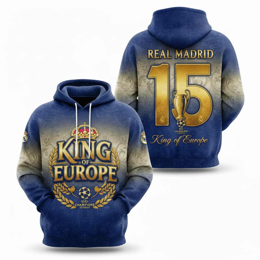 Real Madrid King Of Europe Hoodie - 3D All Over Print 15th Champions League Winners Sweatshirt - LeagueLockerGear