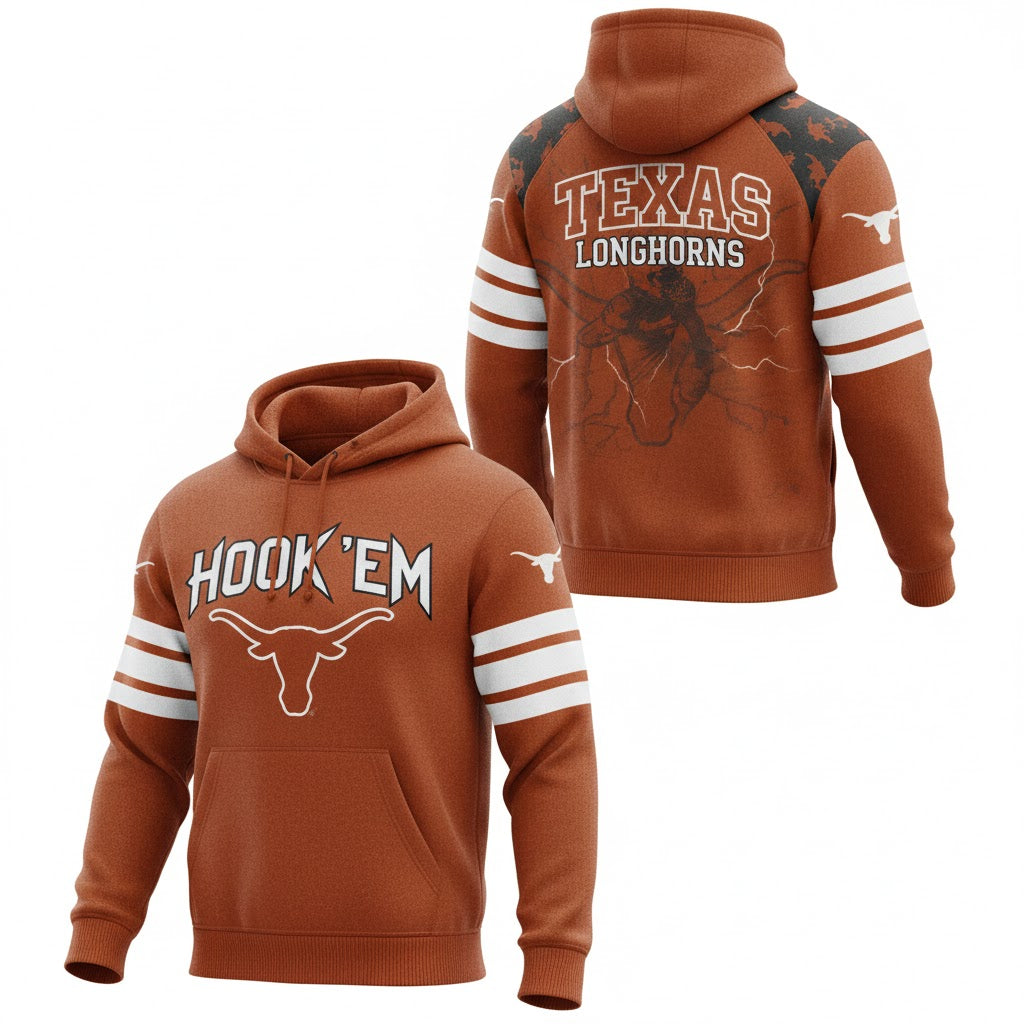 Texas Longhorns Pullover Hoodie - Graphic Fan Sweatshirt with Hook 'Em Slogan and Sleeve Stripes - LeagueLockerGear