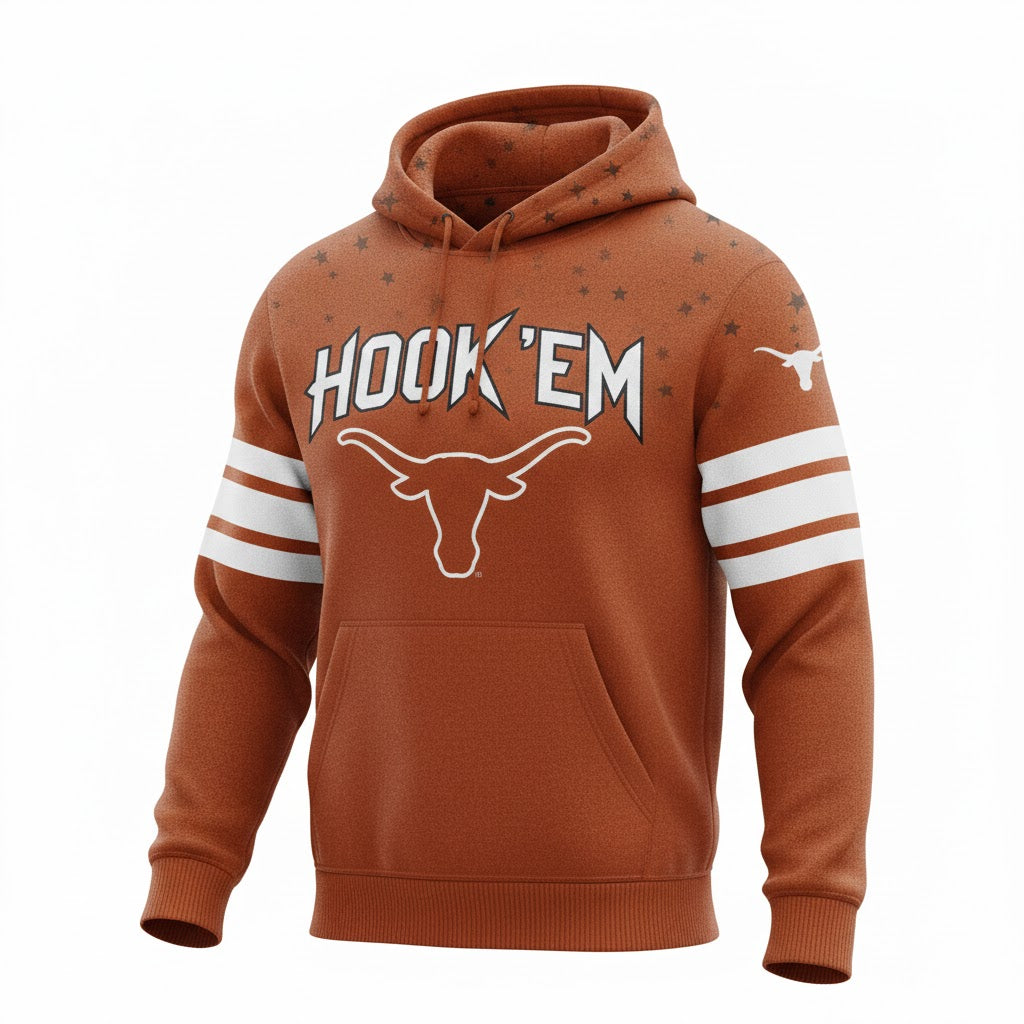 Texas Longhorns Pullover Hoodie - Graphic Fan Sweatshirt with Hook 'Em Slogan and Sleeve Stripes - LeagueLockerGear