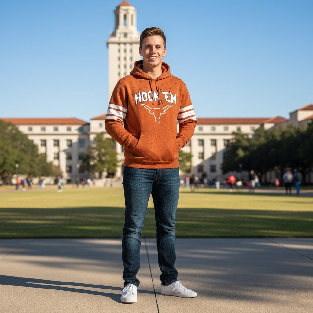 Texas Longhorns Pullover Hoodie - Graphic Fan Sweatshirt with Hook 'Em Slogan and Sleeve Stripes - LeagueLockerGear
