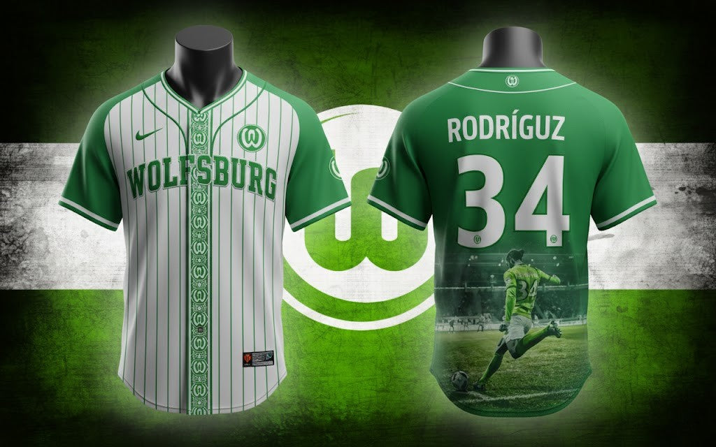 VfL Wolfsburg Rodríguz Baseball Jersey - Custom Green and White Pinstripe Soccer Style Number 34 - LeagueLockerGear