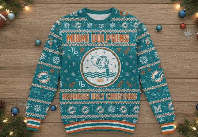 Miami Dolphins Aquarius Ugly Christmas Sweater - NFL Zodiac Sign Holiday Jumper - LeagueLockerGear