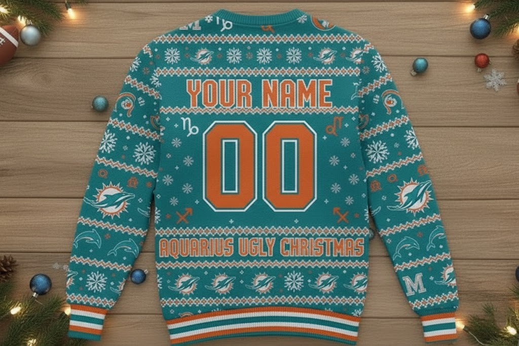 Miami Dolphins Aquarius Ugly Christmas Sweater - NFL Zodiac Sign Holiday Jumper - LeagueLockerGear