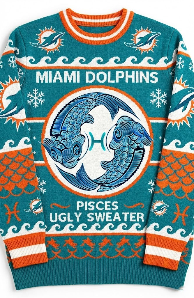 Miami Dolphins Pisces Ugly Sweater - NFL Zodiac Sign Christmas Holiday Jumper - LeagueLockerGear