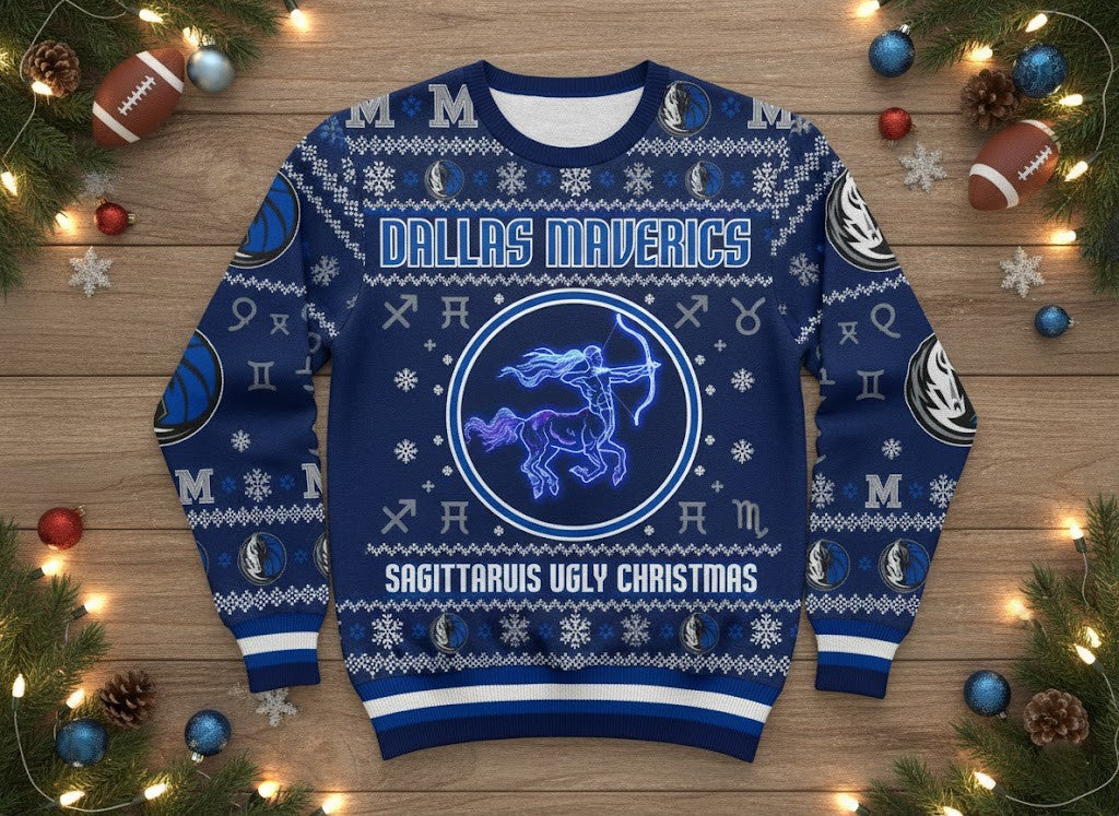 Dallas Mavericks Sagittarius Ugly Christmas Sweater - NBA Basketball Zodiac Holiday Jumper - LeagueLockerGear