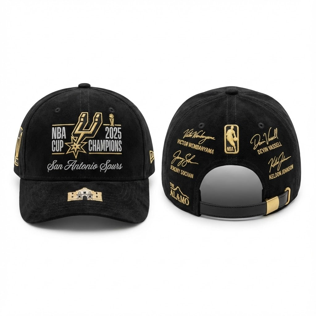 San Antonio Spurs 2025 NBA Cup Champions Hat - Black Suede Cap with Embroidered Player Signatures - LeagueLockerGear