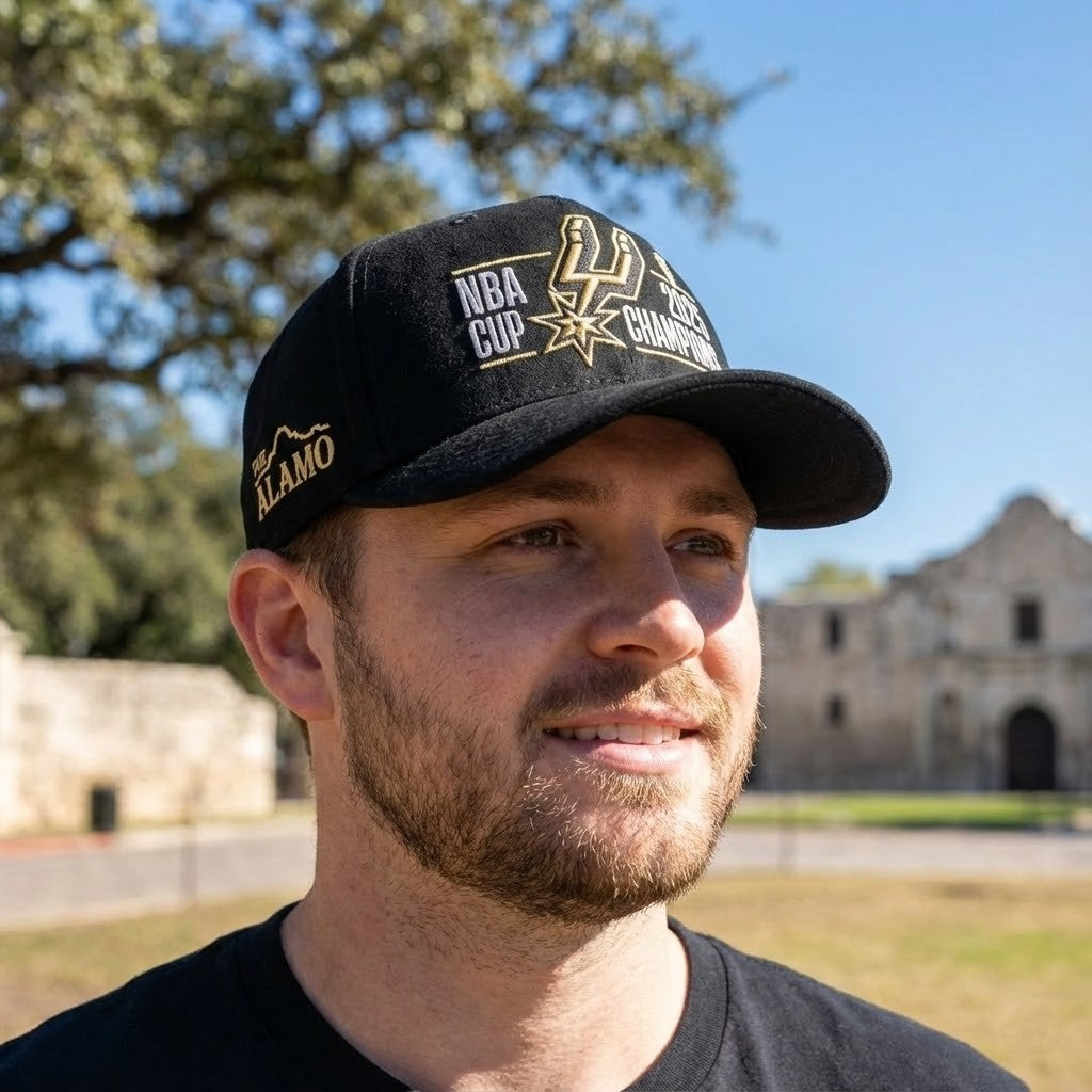 San Antonio Spurs 2025 NBA Cup Champions Hat - Black Suede Cap with Embroidered Player Signatures - LeagueLockerGear
