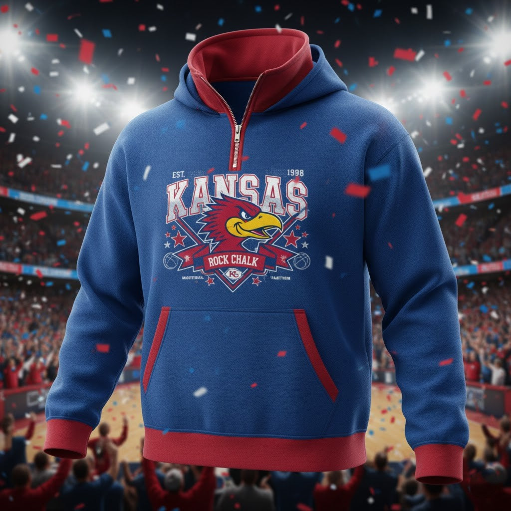 Kansas Jayhawks Quarter Zip Hoodie - Vintage Rock Chalk Mascot Graphic Sweatshirt - LeagueLockerGear