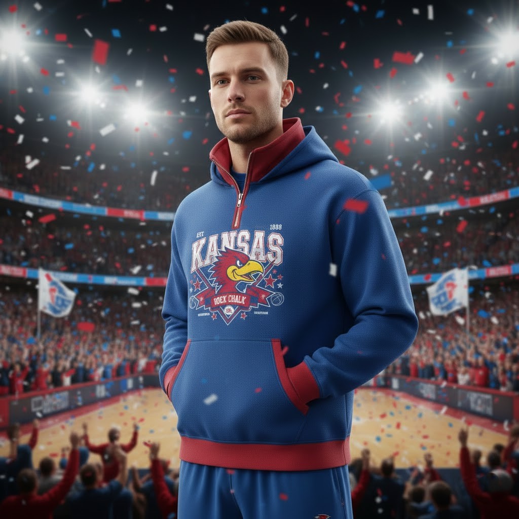 Kansas Jayhawks Quarter Zip Hoodie - Vintage Rock Chalk Mascot Graphic Sweatshirt - LeagueLockerGear