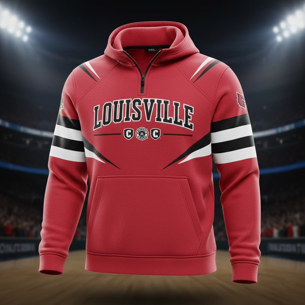 Louisville Cardinals Quarter-Zip Hoodie - Red NCAA Fan Apparel with Striped Sleeves - LeagueLockerGear