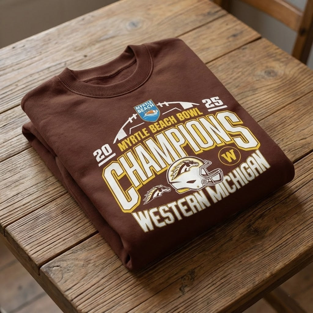 Western Michigan 2025 Myrtle Beach Bowl Sweatshirt - Champions Fan Apparel with Bold Graphics, Brown Crewneck - LeagueLockerGear