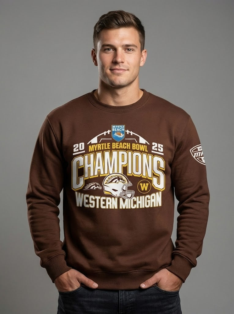 Western Michigan 2025 Myrtle Beach Bowl Sweatshirt - Champions Fan Apparel with Bold Graphics, Brown Crewneck - LeagueLockerGear
