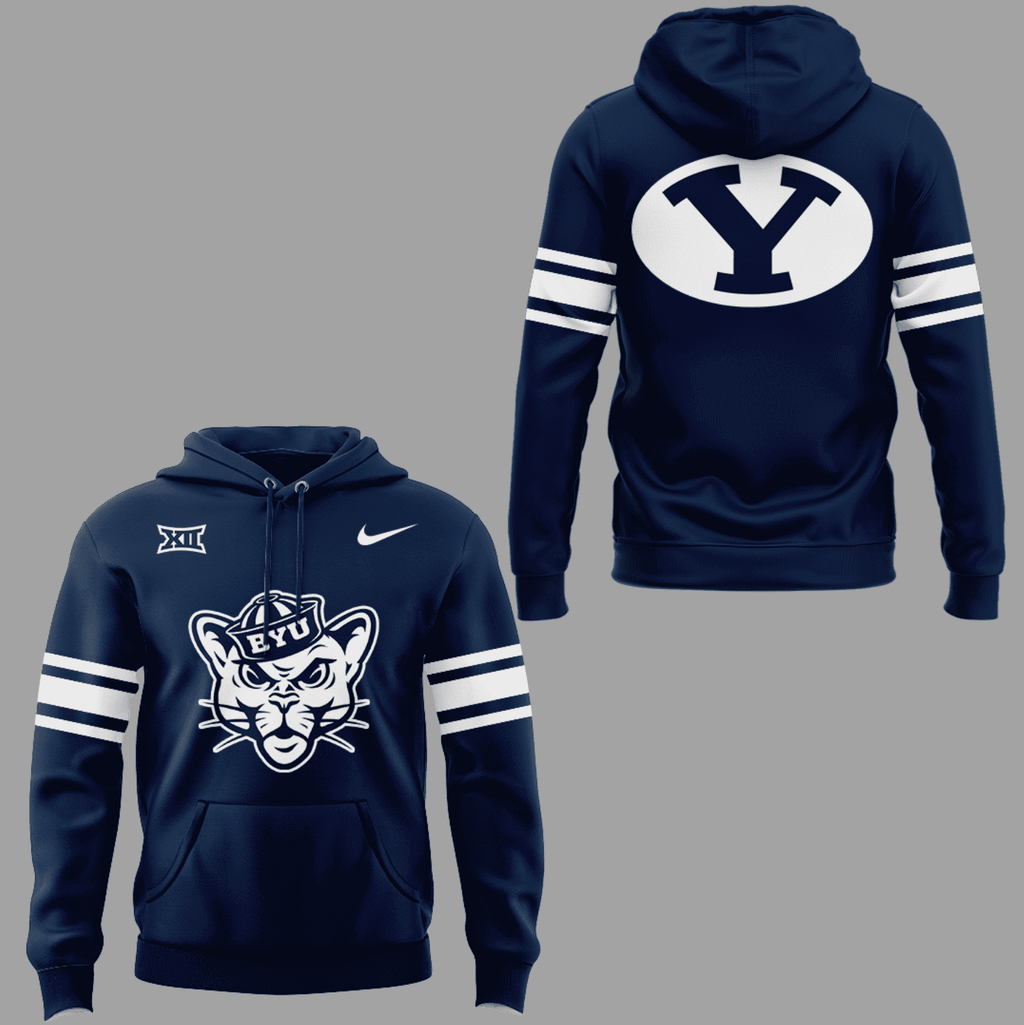Brigham Young University Cougars Hoodie - Navy Blue Football Pullover with Sailor Cougar Mascot and Sleeve Stripes - LeagueLockerGear