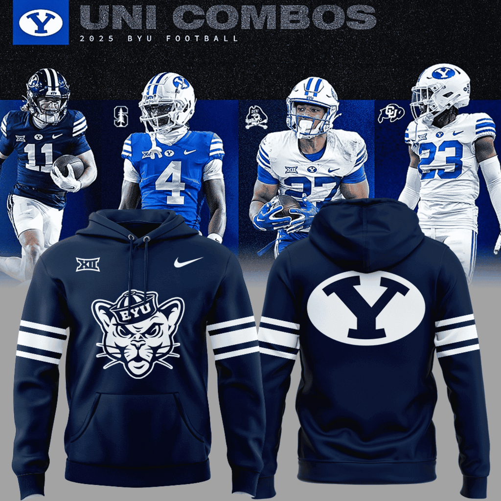 Brigham Young University Cougars Hoodie - Navy Blue Football Pullover with Sailor Cougar Mascot and Sleeve Stripes - LeagueLockerGear