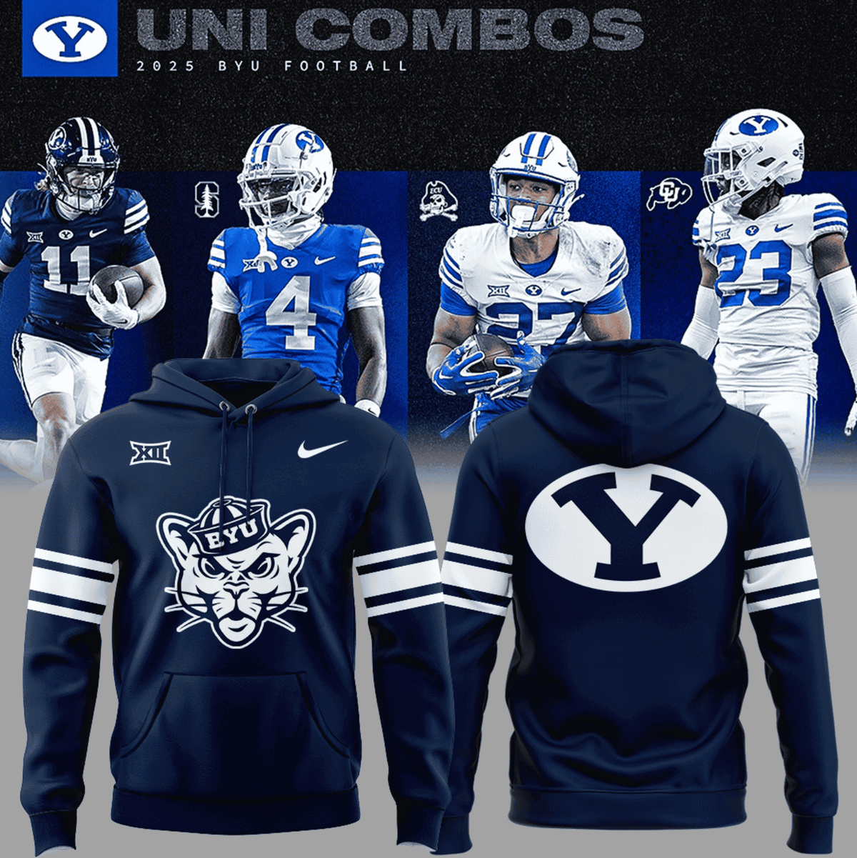 Brigham Young University Cougars Hoodie - Navy Blue Football Pullover with Sailor Cougar Mascot and Sleeve Stripes - LeagueLockerGear