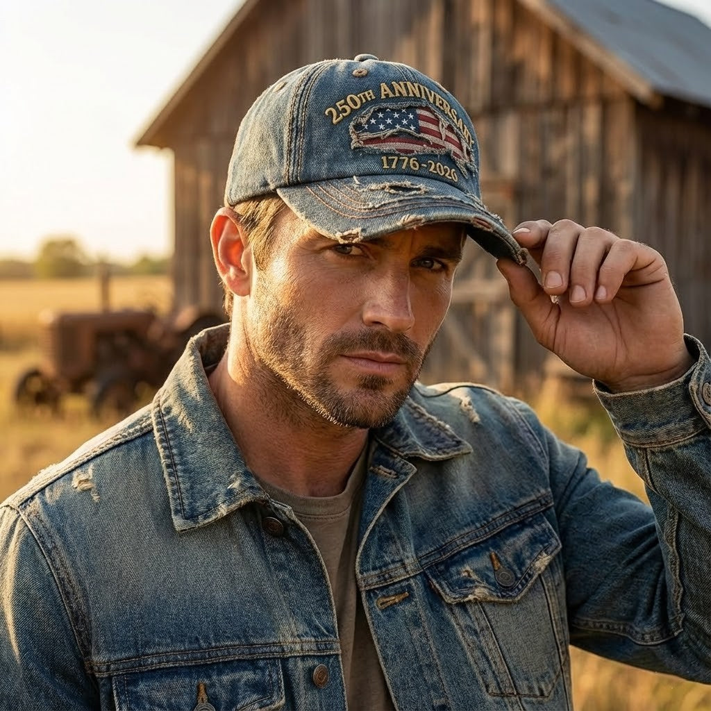 USA 250th Anniversary 1776-2026 Distressed Denim Baseball Cap - LeagueLockerGear