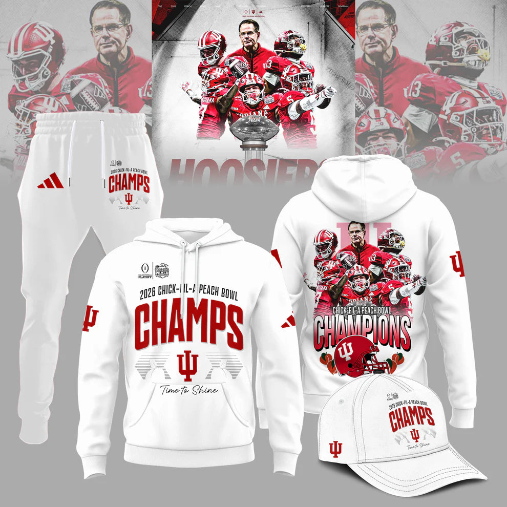 Indiana Hoosiers 2026 Chick-fil-A Peach Bowl Champs Hoodie and Joggers Set and Cap - LeagueLockerGear
