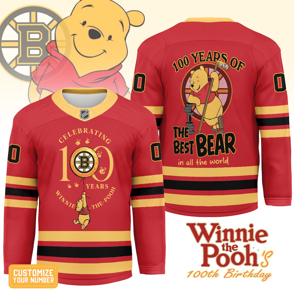 Boston Bruins Winnie the Pooh 100th Birthday Hockey Jersey - LeagueLockerGear