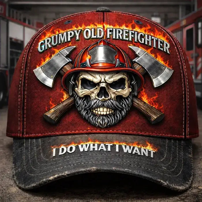 Grumpy Old Firefighter Skull I Do What I Want Baseball Cap - LeagueLockerGear