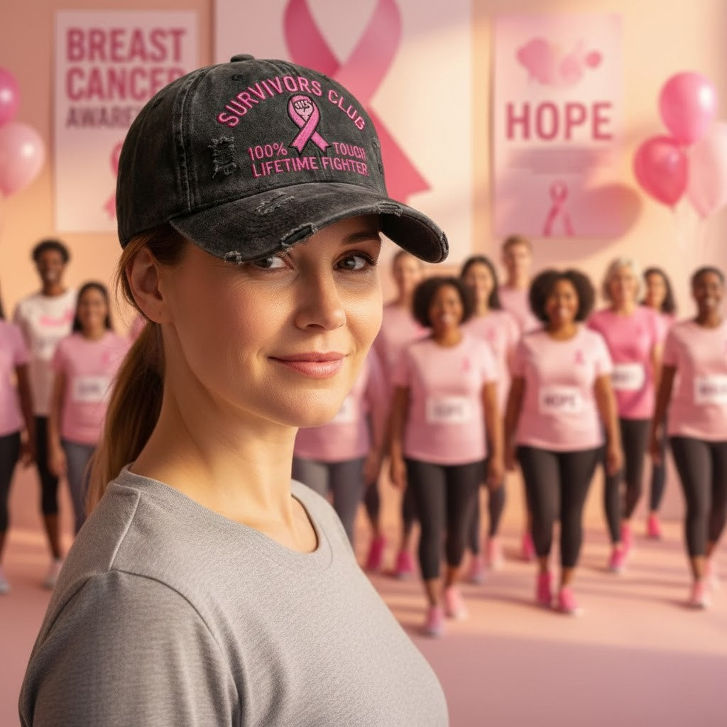 Breast Cancer Survivors Club 100% Tough Lifetime Fighter Distressed Hat - LeagueLockerGear