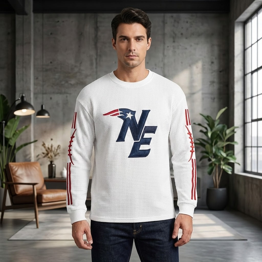 New England Patriots Embroidered Logo And Football Sleeve Waffle Knit Shirt - LeagueLockerGear