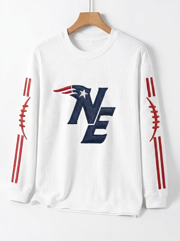 New England Patriots Embroidered Logo And Football Sleeve Waffle Knit Shirt - LeagueLockerGear