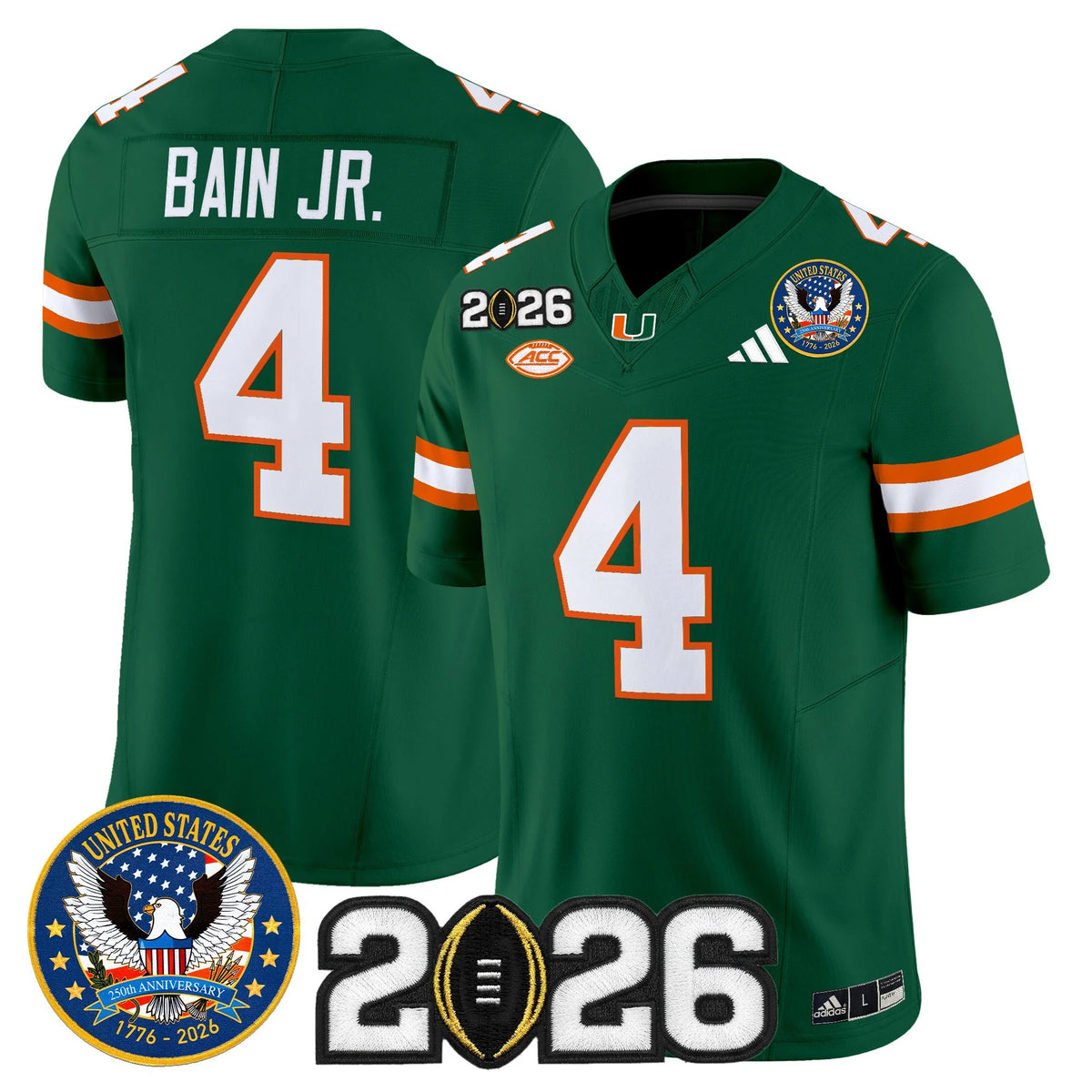 Miami Hurricanes Bain Jr. #4 2026 250th Anniversary Football Jersey - LeagueLockerGear