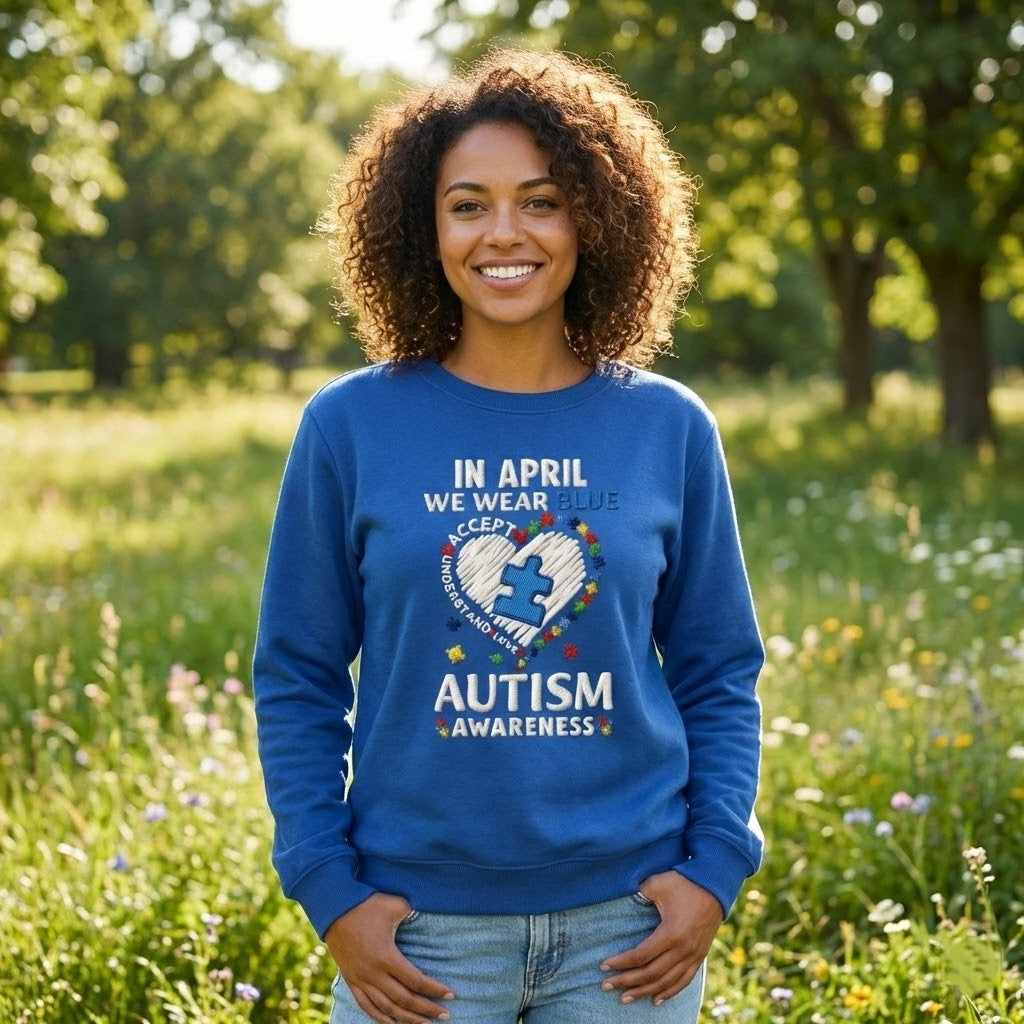 Autism Awareness In April We Wear Blue Puzzle Piece Heart Sweatshirt - LeagueLockerGear
