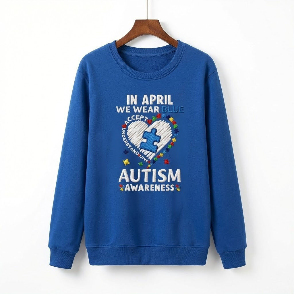 Autism Awareness In April We Wear Blue Puzzle Piece Heart Sweatshirt - LeagueLockerGear