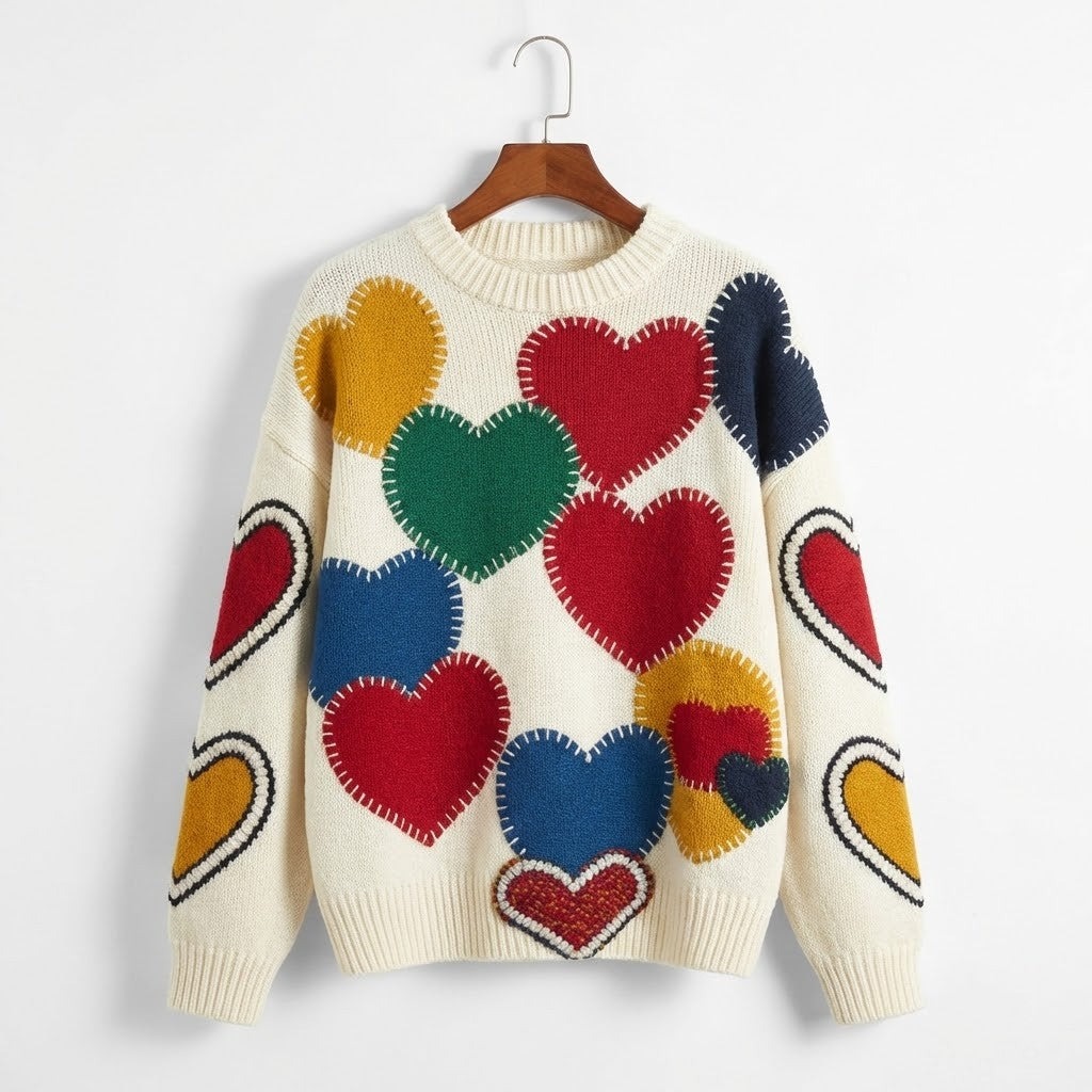 Colorful Patchwork Hearts Knitted Sweater - LeagueLockerGear