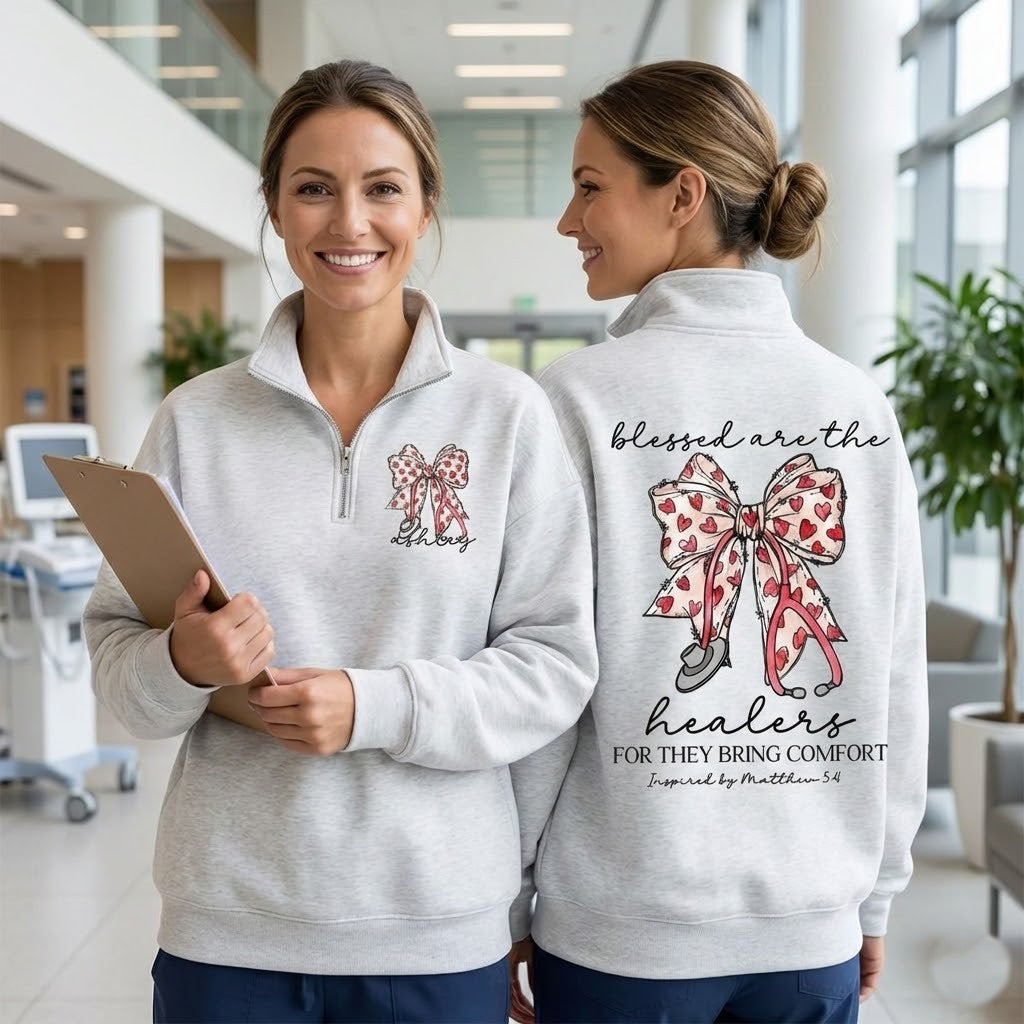 Personalized Nurse Blessed Are The Healers Stethoscope Heart Bow Quarter Zip Sweatshirt - LeagueLockerGear