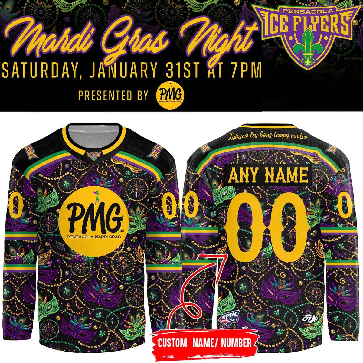 Pensacola Ice Flyers Mardi Gras Night Hockey Jersey - LeagueLockerGear