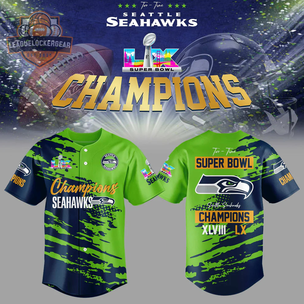 Seattle Seahawks Two-Time Super Bowl XLVIII LX Champions Baseball Jersey - LeagueLockerGear
