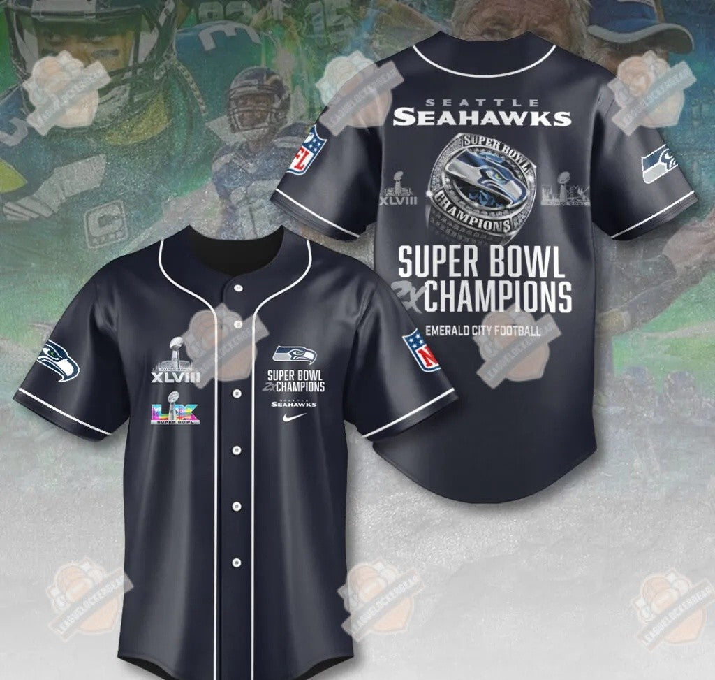 Seattle Seahawks Super Bowl 2X Champions Baseball Jersey - LeagueLockerGear