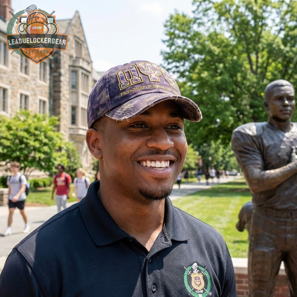 Omega Psi Phi Friendship Scholarship Service Purple Camo Distressed Dad Hat - LeagueLockerGear