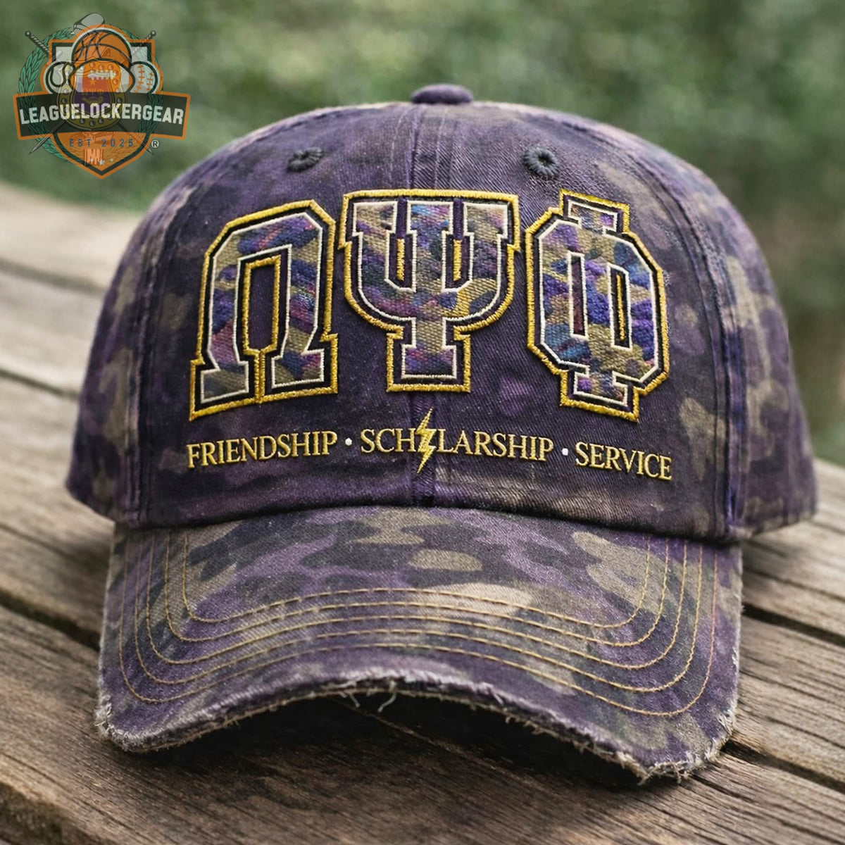 Omega Psi Phi Friendship Scholarship Service Purple Camo Distressed Dad Hat - LeagueLockerGear