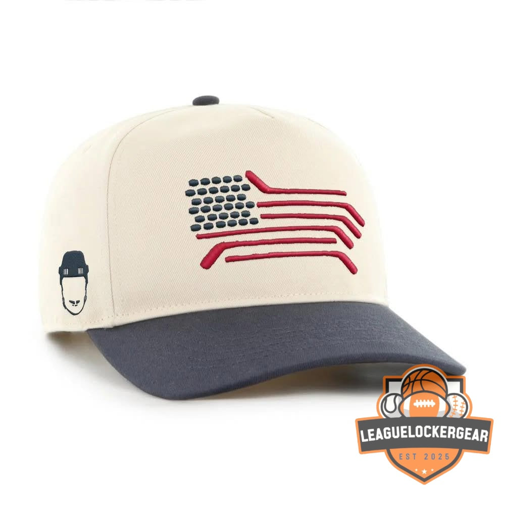 American Flag Hockey Sticks Pucks Baseball Cap - LeagueLockerGear
